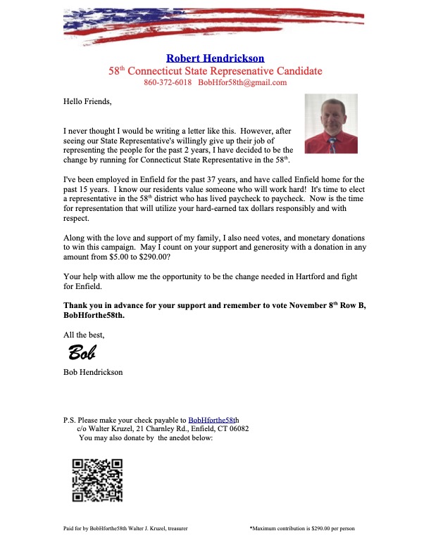 Bob Hendrickson fundraising letter - BobHforthe58th