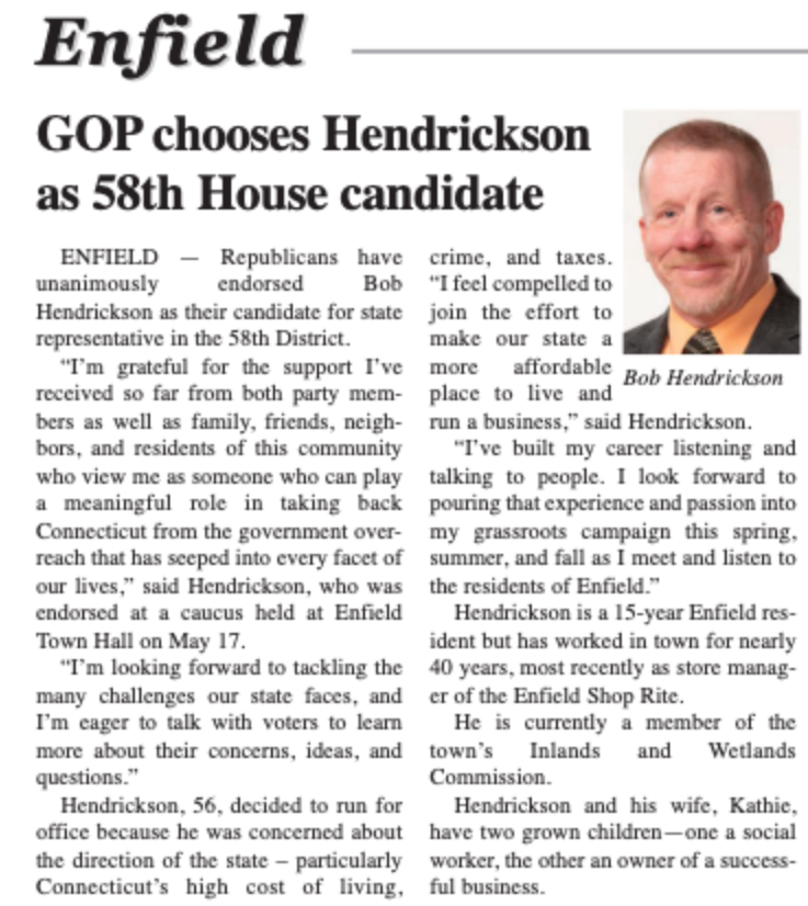 Image of article about Bob Hendrickson in The North Central News 58th District Candidate CT