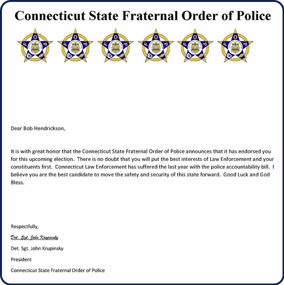 Image of Connecticut State Fraternal Order of Police Endorsement of Bob Hendrickson